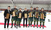 Sioux Lookout Bombers player award winners from left:  Kaden Veller, Alex Lucas, Ashton Cuvelier, Ty Lone, Jonah Smith, Peter Zilkalns, and Ty Kirk.     Tim Brody / Bulletin Photo